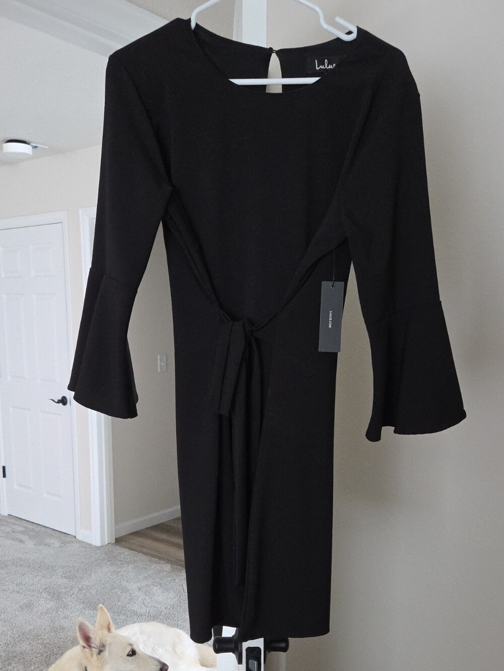lulus Black Tie-Waist Midi Dress with Bell Sleeves
